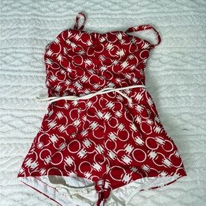 1950’s 1960’s Pin Up Bathing Suit Swimsuit Romper Geometric Vintage Belt Skorts